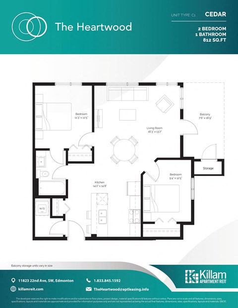 Cedar Unit Type C1 - 2 Bedroom + 1 Bath - 812 SQ FT
